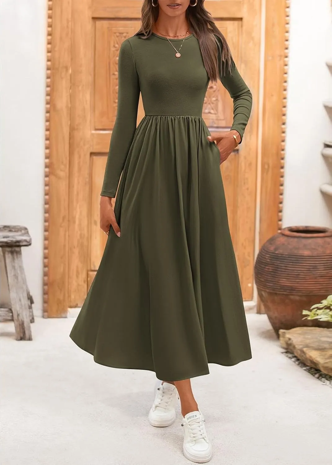 KIRUNDO Women's Casual Long Sleeve Spring Wedding Guest Dress 2025 Summer Fall Elegant Boho Flowy Midi Dresses Pockets