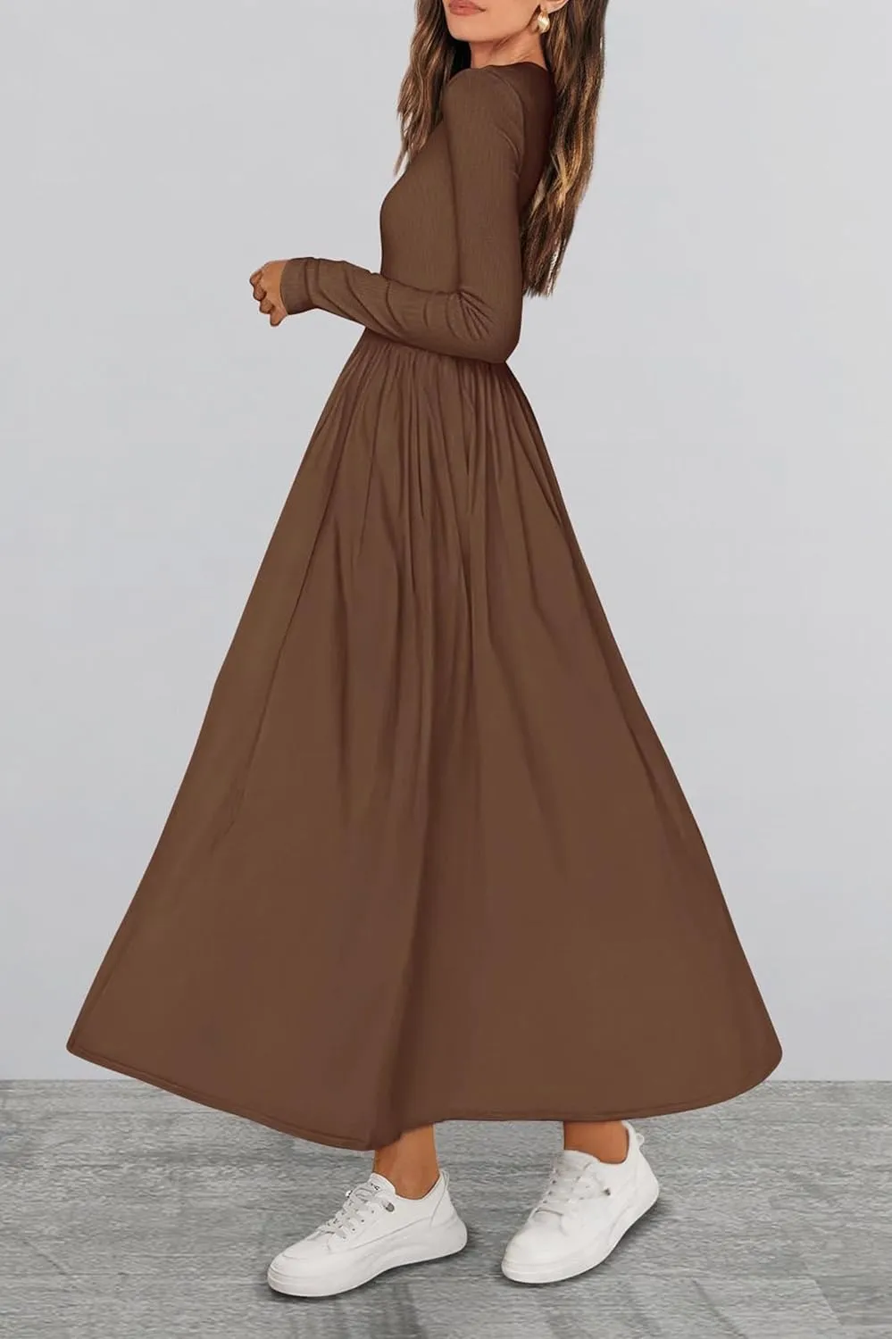 KIRUNDO Women's Casual Long Sleeve Spring Wedding Guest Dress 2025 Summer Fall Elegant Boho Flowy Midi Dresses Pockets