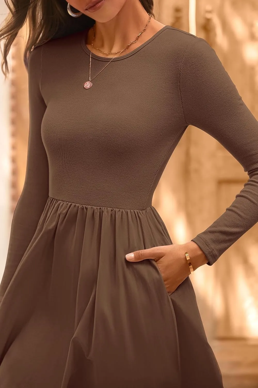 KIRUNDO Women's Casual Long Sleeve Spring Wedding Guest Dress 2025 Summer Fall Elegant Boho Flowy Midi Dresses Pockets