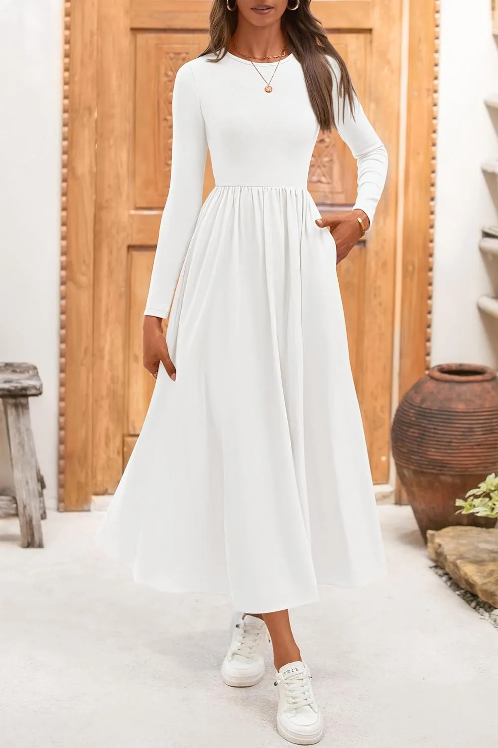 KIRUNDO Women's Casual Long Sleeve Spring Wedding Guest Dress 2025 Summer Fall Elegant Boho Flowy Midi Dresses Pockets