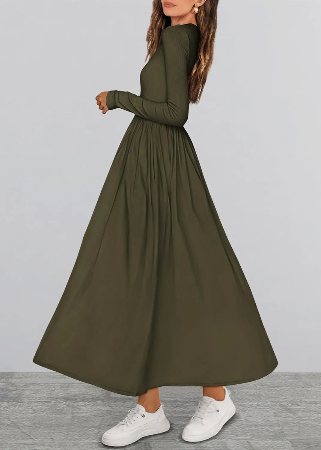 KIRUNDO Women's Casual Long Sleeve Spring Wedding Guest Dress 2025 Summer Fall Elegant Boho Flowy Midi Dresses Pockets