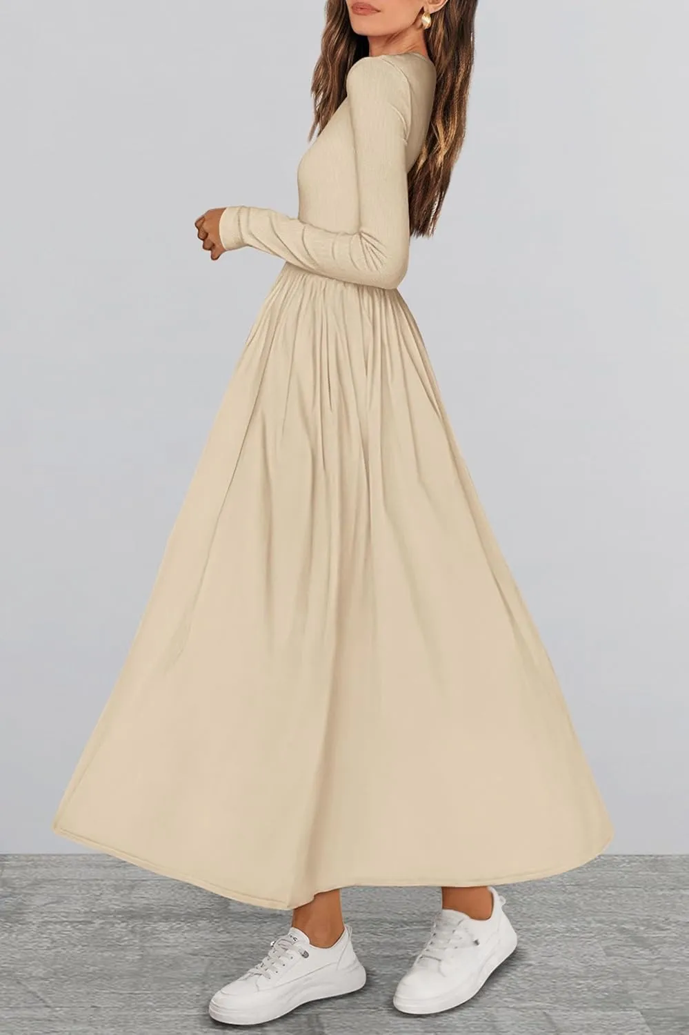 KIRUNDO Women's Casual Long Sleeve Spring Wedding Guest Dress 2025 Summer Fall Elegant Boho Flowy Midi Dresses Pockets