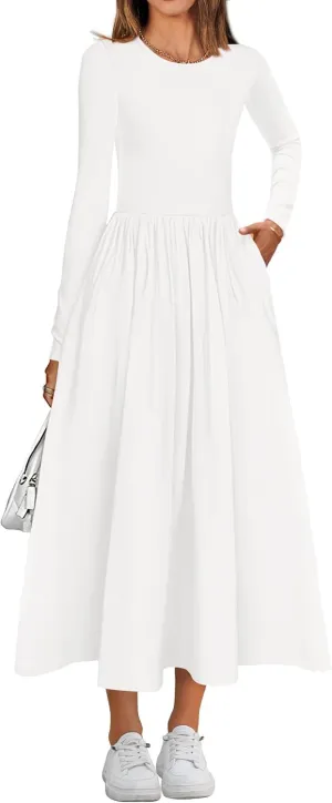 KIRUNDO Women's Casual Long Sleeve Spring Wedding Guest Dress 2025 Summer Fall Elegant Boho Flowy Midi Dresses Pockets