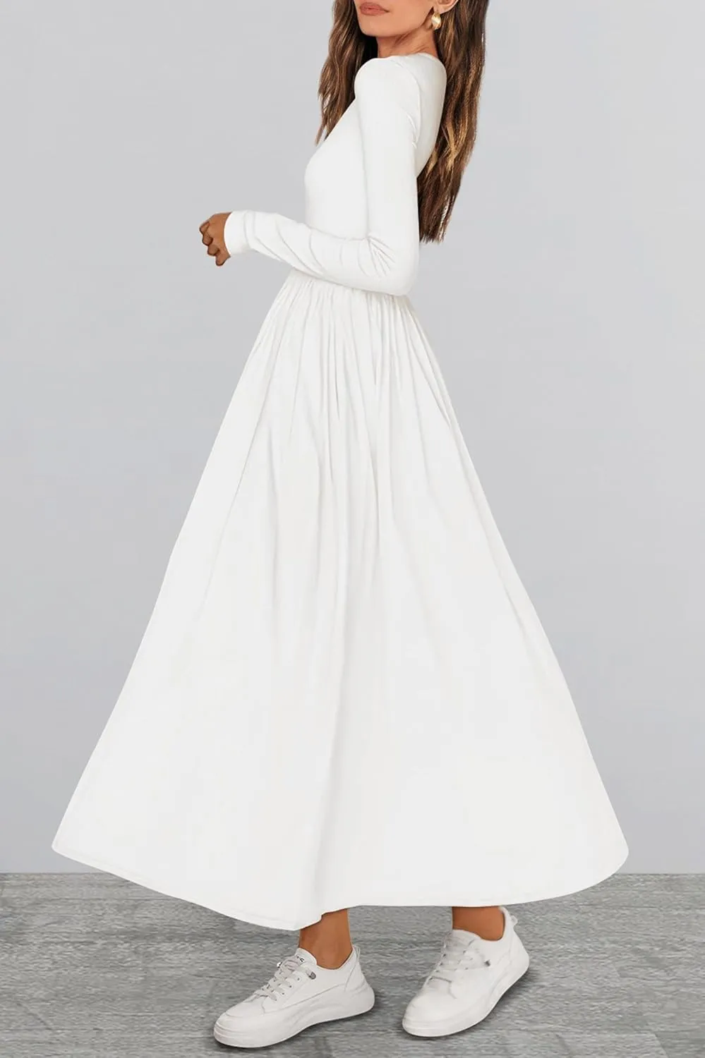 KIRUNDO Women's Casual Long Sleeve Spring Wedding Guest Dress 2025 Summer Fall Elegant Boho Flowy Midi Dresses Pockets