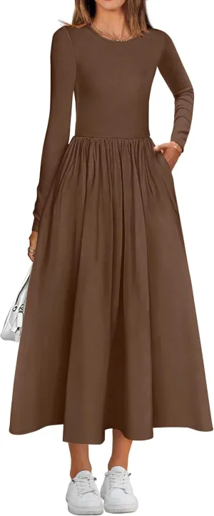 KIRUNDO Women's Casual Long Sleeve Spring Wedding Guest Dress 2025 Summer Fall Elegant Boho Flowy Midi Dresses Pockets