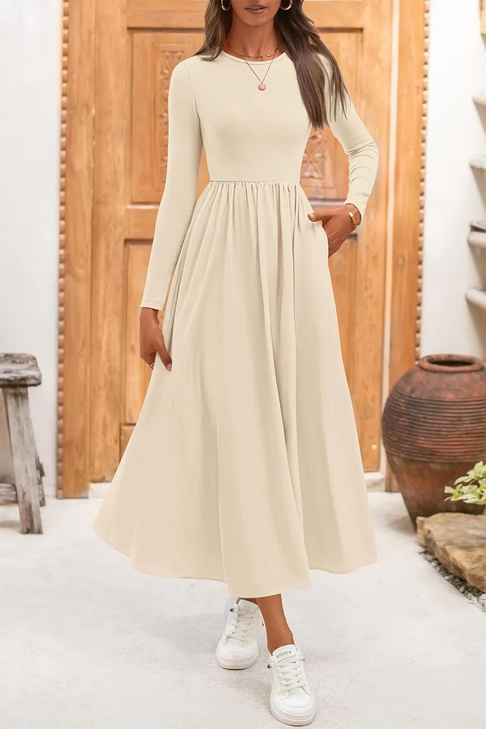 KIRUNDO Women's Casual Long Sleeve Spring Wedding Guest Dress 2025 Summer Fall Elegant Boho Flowy Midi Dresses Pockets
