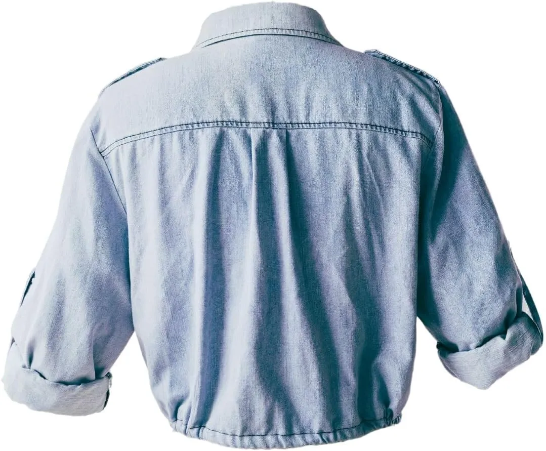 Kwoki Women's Cropped Denim Shirt Roll Up 3/4 Sleeve Casual Loose Crop Tops Drawstring Hem Button Front Jean Jacket