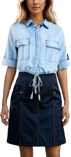 Kwoki Women's Cropped Denim Shirt Roll Up 3/4 Sleeve Casual Loose Crop Tops Drawstring Hem Button Front Jean Jacket