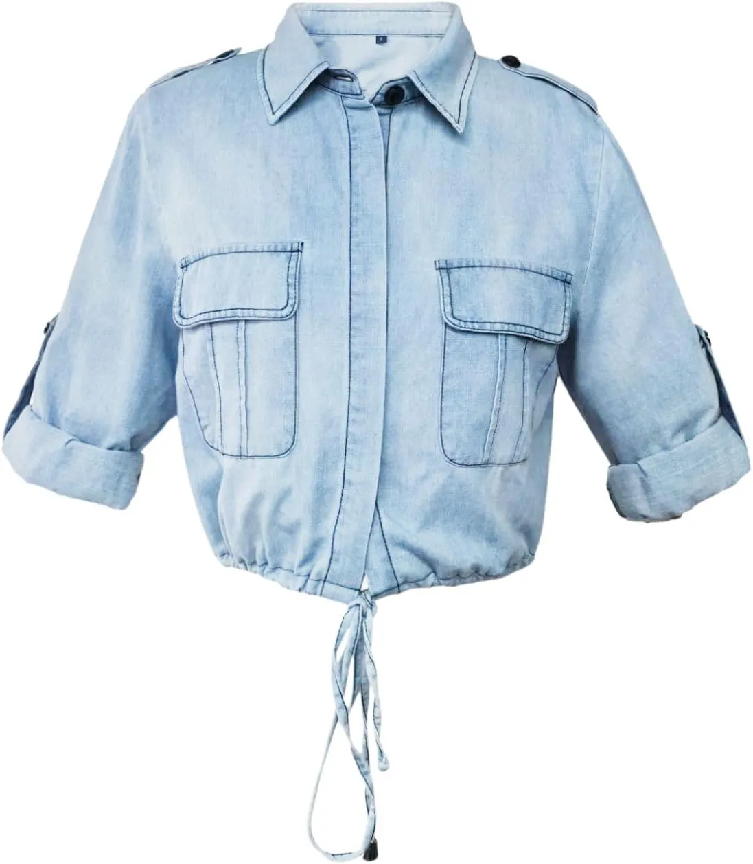 Kwoki Women's Cropped Denim Shirt Roll Up 3/4 Sleeve Casual Loose Crop Tops Drawstring Hem Button Front Jean Jacket