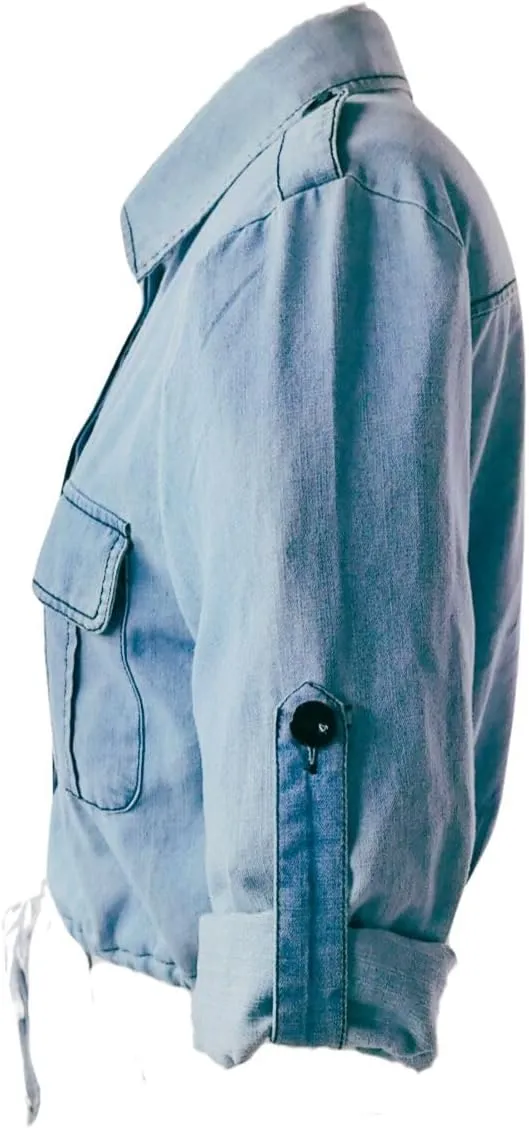 Kwoki Women's Cropped Denim Shirt Roll Up 3/4 Sleeve Casual Loose Crop Tops Drawstring Hem Button Front Jean Jacket