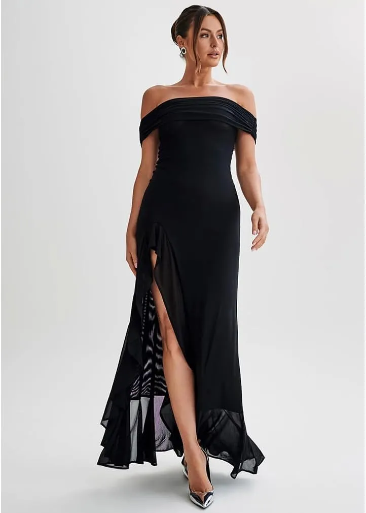 LAGSHIAN Women's Sexy Formal Off Shoulder Sleeveless High Split Ruffle Evening Party Maxi Dress