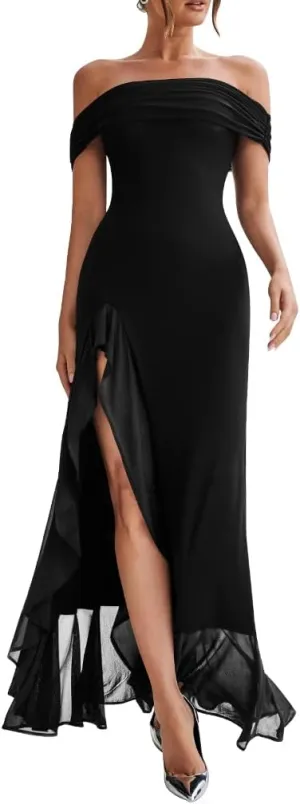 LAGSHIAN Women's Sexy Formal Off Shoulder Sleeveless High Split Ruffle Evening Party Maxi Dress