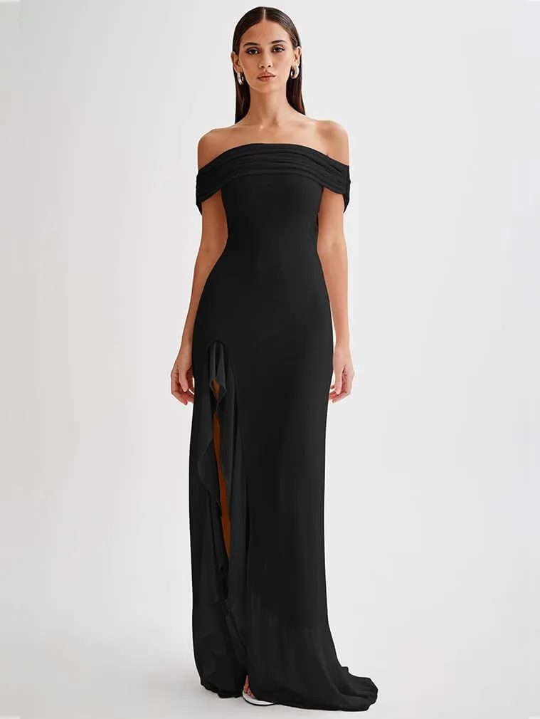 LAGSHIAN Women's Sexy Formal Off Shoulder Sleeveless High Split Ruffle Evening Party Maxi Dress