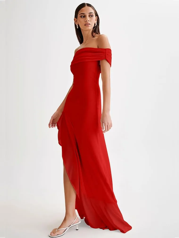 LAGSHIAN Women's Sexy Formal Off Shoulder Sleeveless High Split Ruffle Evening Party Maxi Dress