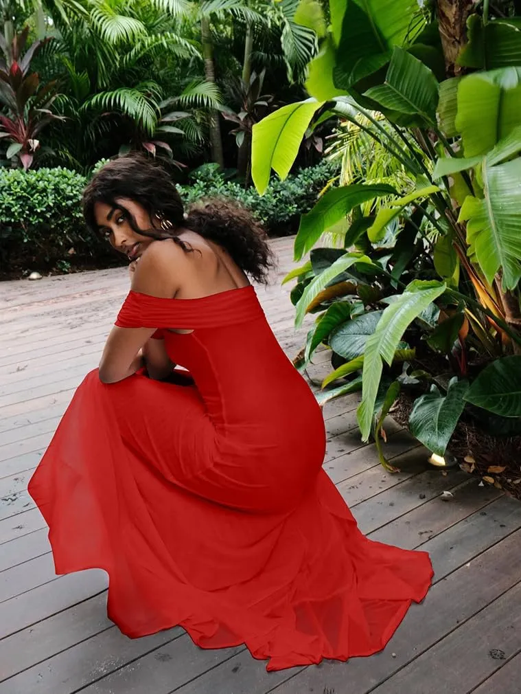 LAGSHIAN Women's Sexy Formal Off Shoulder Sleeveless High Split Ruffle Evening Party Maxi Dress