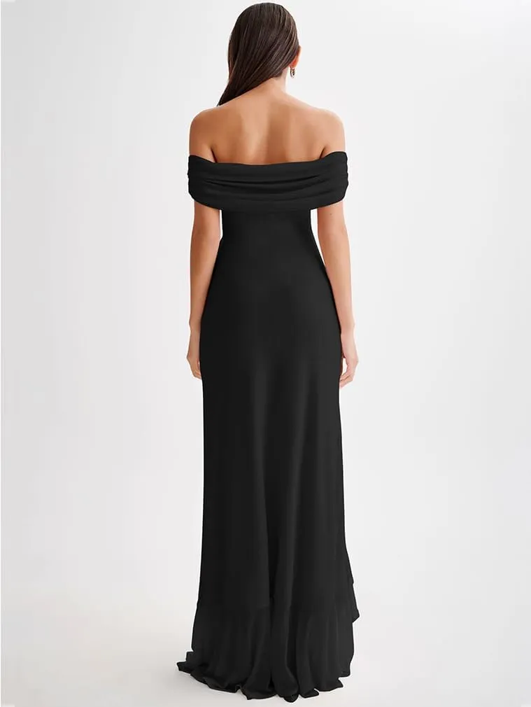 LAGSHIAN Women's Sexy Formal Off Shoulder Sleeveless High Split Ruffle Evening Party Maxi Dress