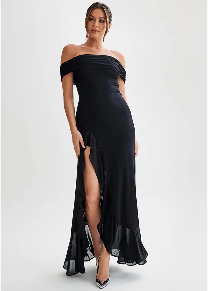 LAGSHIAN Women's Sexy Formal Off Shoulder Sleeveless High Split Ruffle Evening Party Maxi Dress