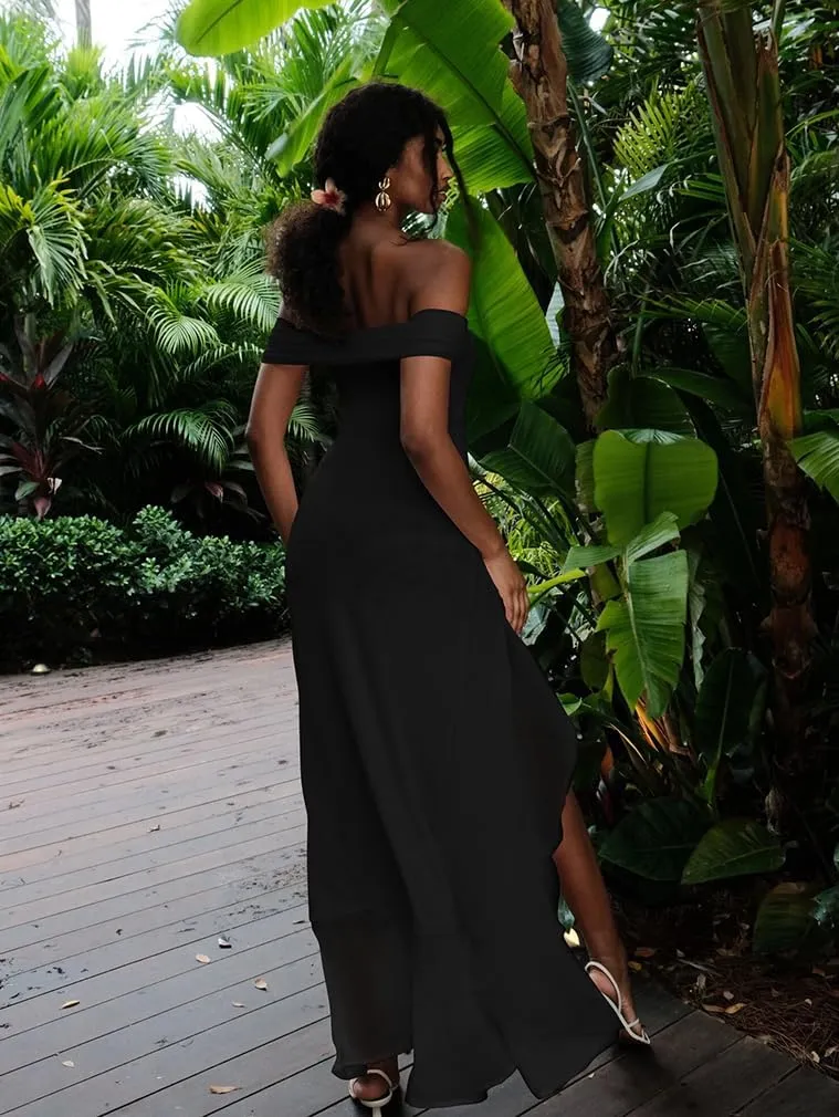 LAGSHIAN Women's Sexy Formal Off Shoulder Sleeveless High Split Ruffle Evening Party Maxi Dress