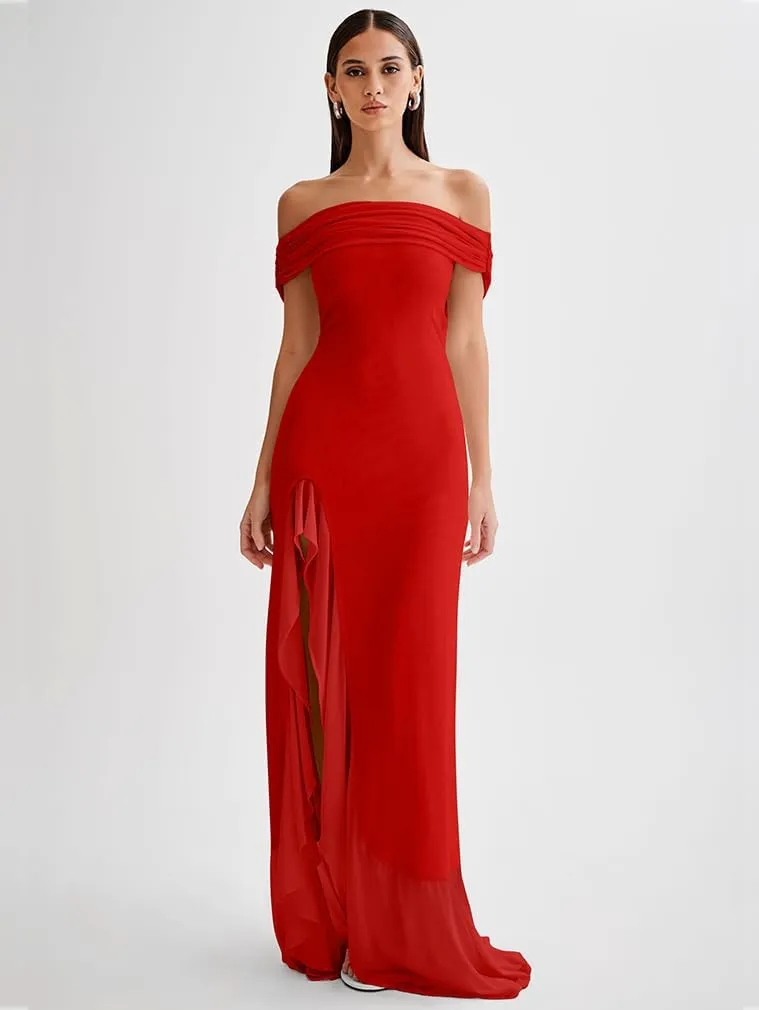 LAGSHIAN Women's Sexy Formal Off Shoulder Sleeveless High Split Ruffle Evening Party Maxi Dress