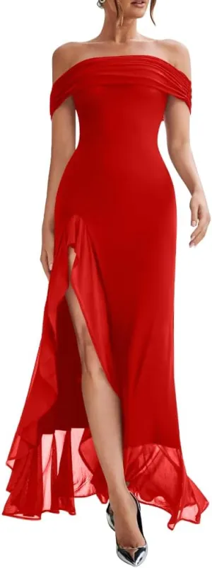 LAGSHIAN Women's Sexy Formal Off Shoulder Sleeveless High Split Ruffle Evening Party Maxi Dress