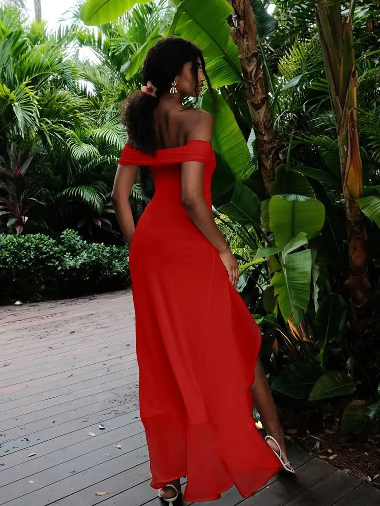 LAGSHIAN Women's Sexy Formal Off Shoulder Sleeveless High Split Ruffle Evening Party Maxi Dress
