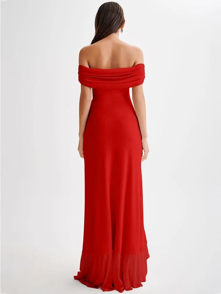 LAGSHIAN Women's Sexy Formal Off Shoulder Sleeveless High Split Ruffle Evening Party Maxi Dress