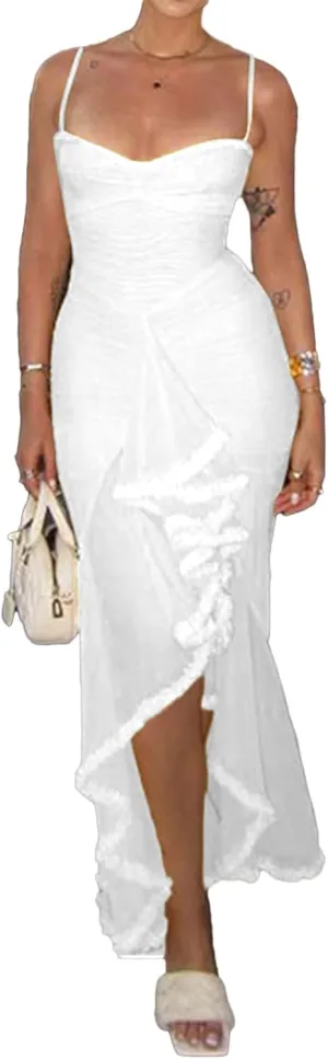LETSVDO Women's Mesh Ruffle Maxi Dress Bodycon Ruched Corset Spaghetti Strap High Low Irregular Hem Sexy Party Dresses