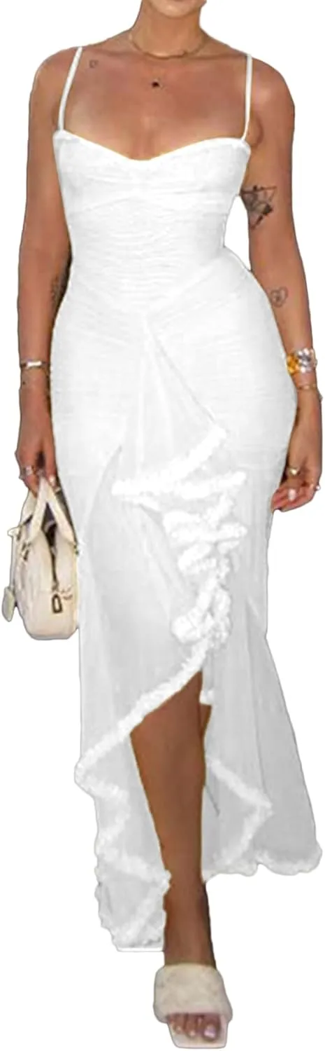 LETSVDO Women's Mesh Ruffle Maxi Dress Bodycon Ruched Corset Spaghetti Strap High Low Irregular Hem Sexy Party Dresses