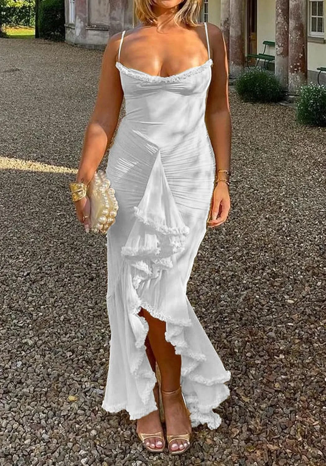 LETSVDO Women's Mesh Ruffle Maxi Dress Bodycon Ruched Corset Spaghetti Strap High Low Irregular Hem Sexy Party Dresses