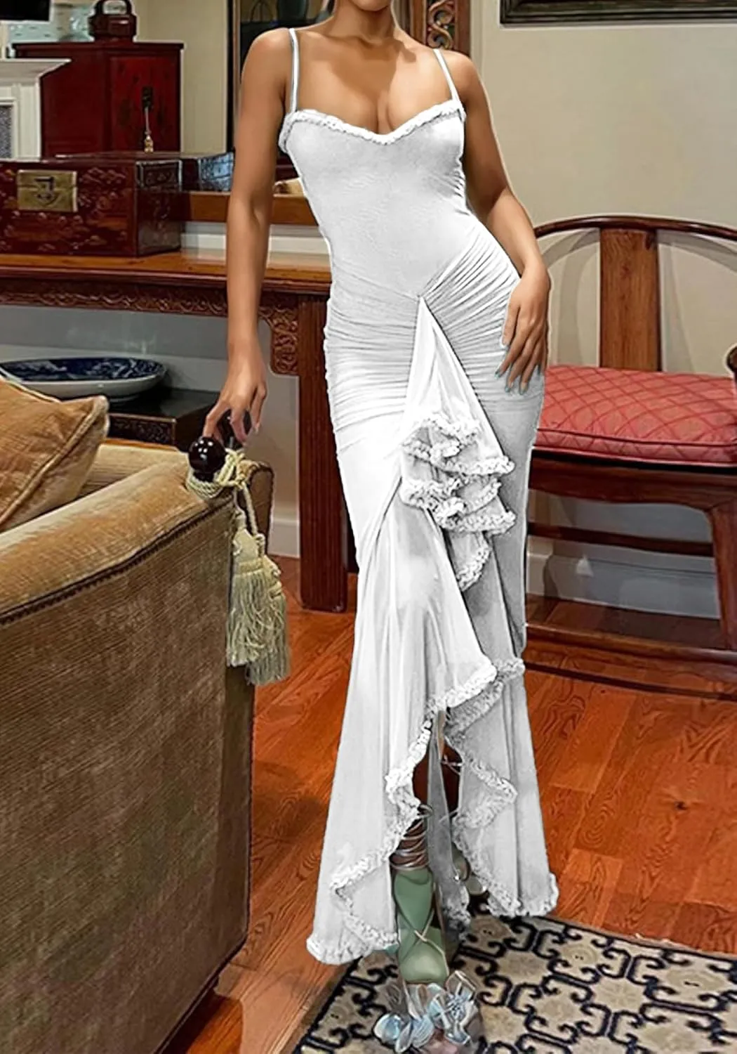 LETSVDO Women's Mesh Ruffle Maxi Dress Bodycon Ruched Corset Spaghetti Strap High Low Irregular Hem Sexy Party Dresses