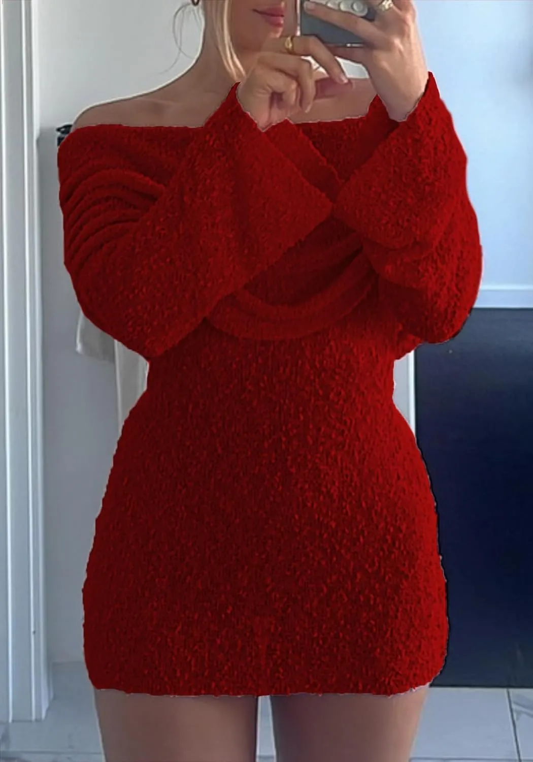LETSVDO Women's Off Shoulder Mini Dress Bodycon Long Sleeve Knit Crochet Sexy Party Sweater Dresses