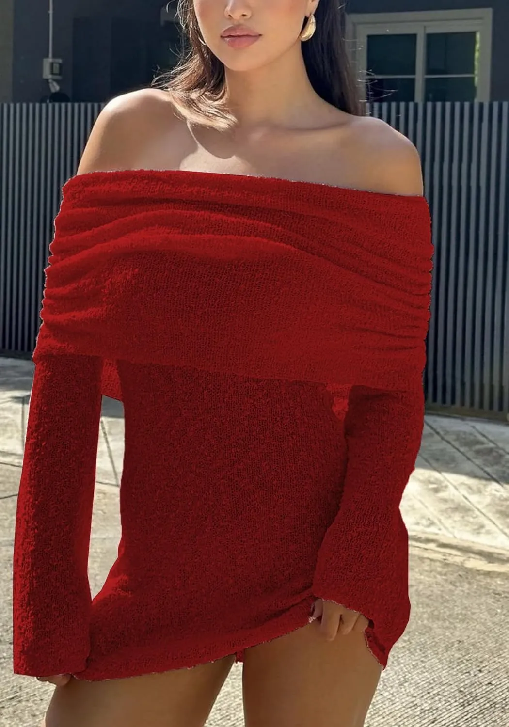 LETSVDO Women's Off Shoulder Mini Dress Bodycon Long Sleeve Knit Crochet Sexy Party Sweater Dresses