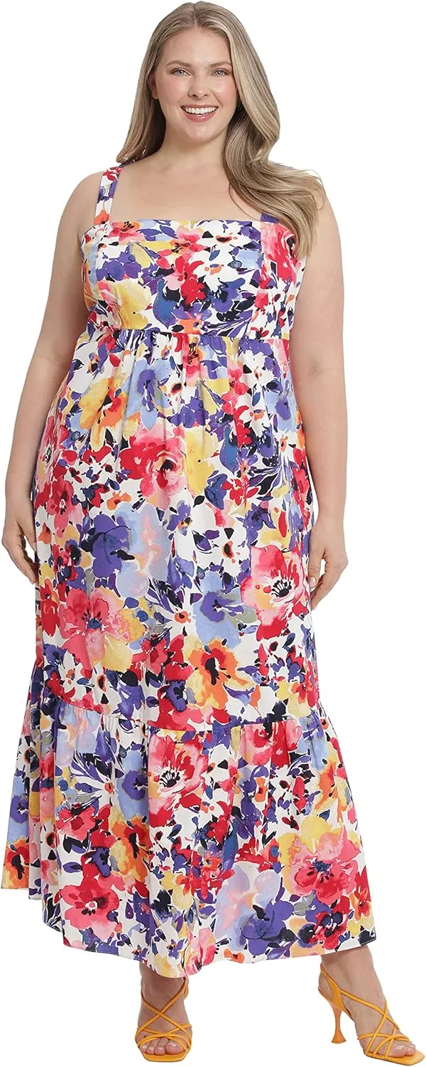 London Times Women's Cotton Smocked Back Babydoll Tiered Maxi Dress