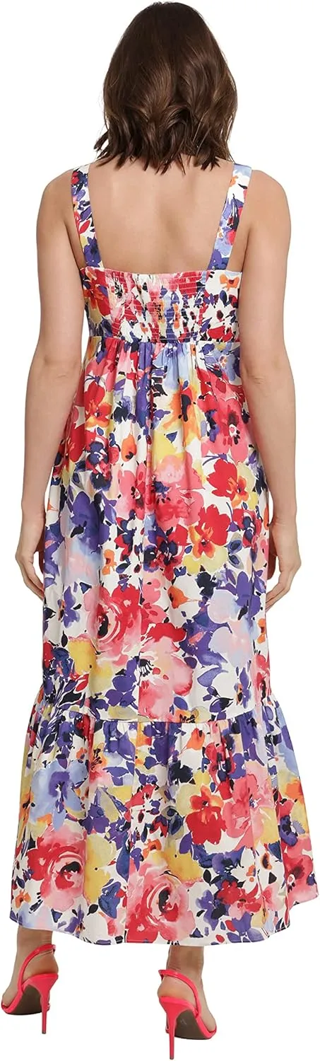 London Times Women's Cotton Smocked Back Babydoll Tiered Maxi Dress