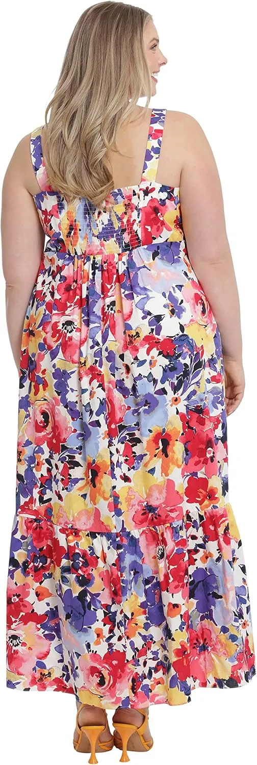London Times Women's Cotton Smocked Back Babydoll Tiered Maxi Dress