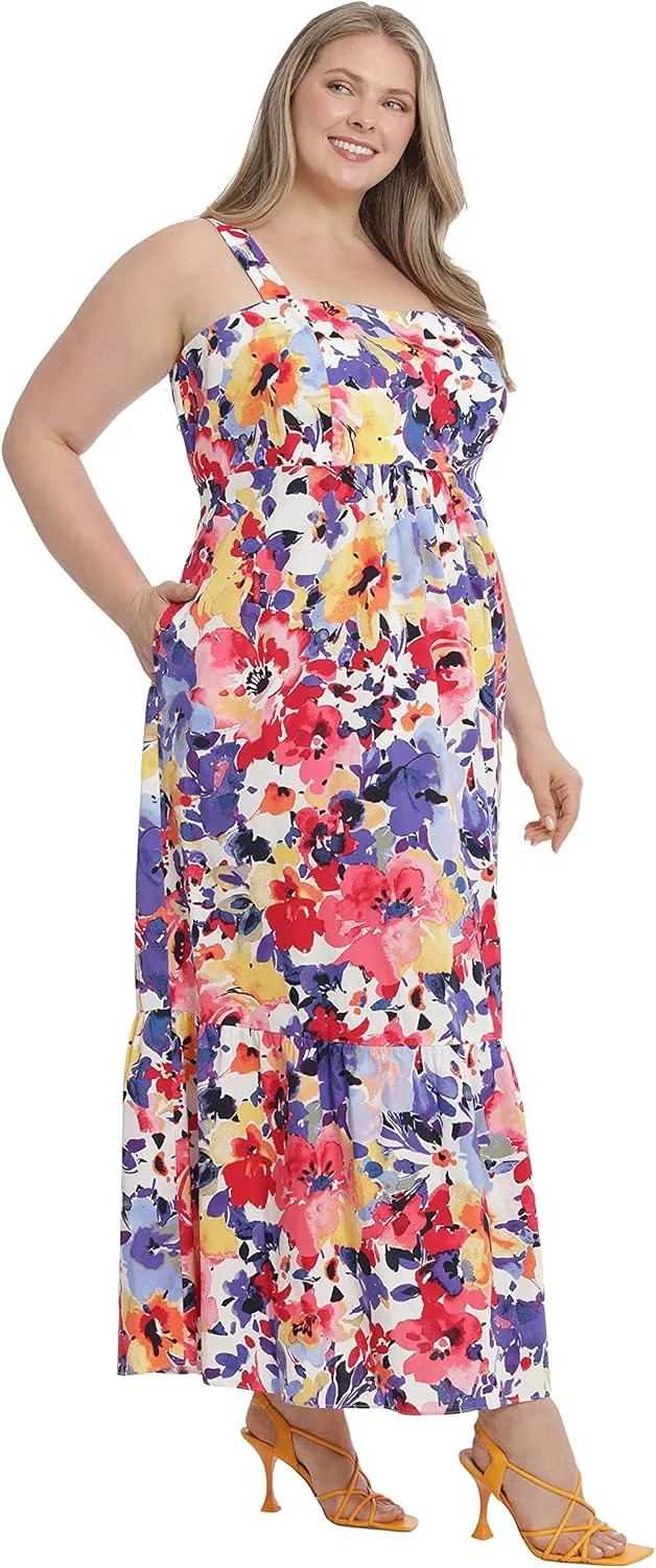 London Times Women's Cotton Smocked Back Babydoll Tiered Maxi Dress