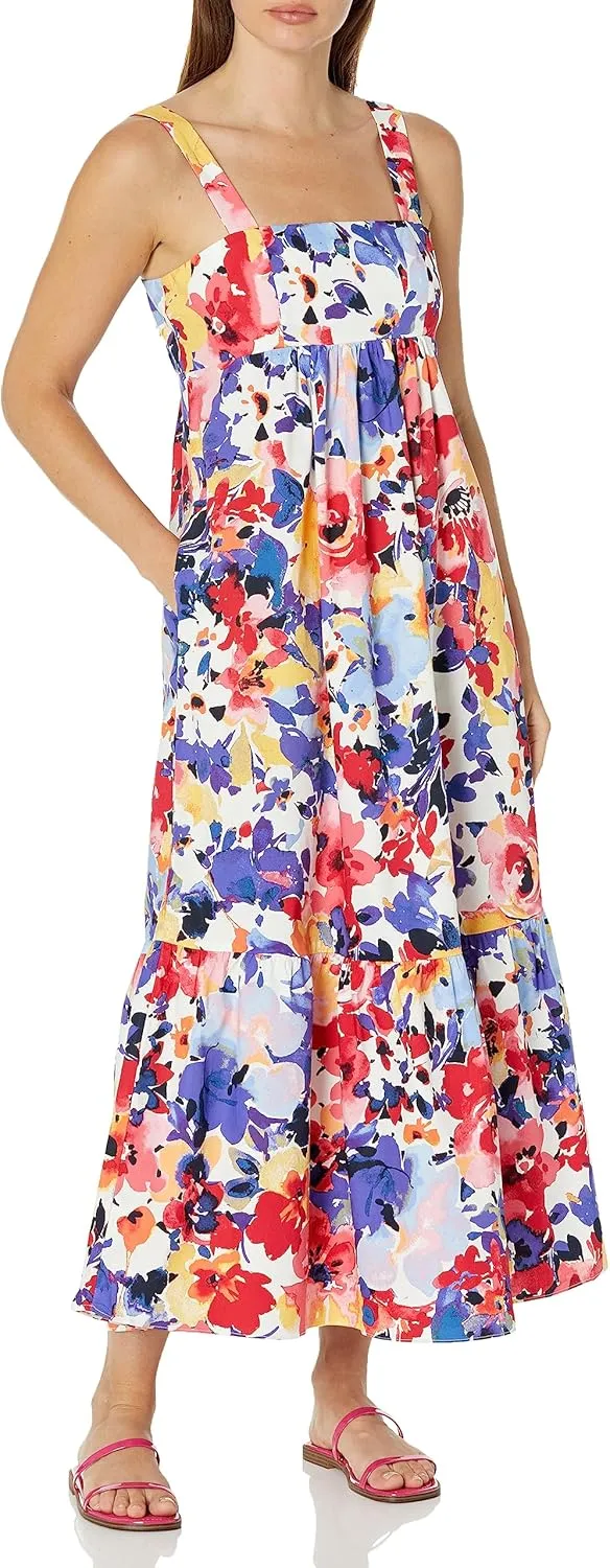 London Times Women's Cotton Smocked Back Babydoll Tiered Maxi Dress