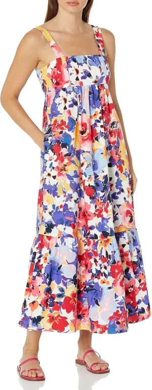 London Times Women's Cotton Smocked Back Babydoll Tiered Maxi Dress