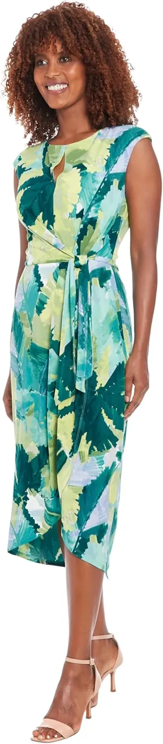 London Times Women's Elegant Cap Sleeve Asymmetrical Tulip Hem-Wrapped Waist Self-tie Midi Cocktail Dress