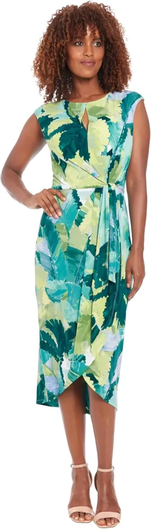 London Times Women's Elegant Cap Sleeve Asymmetrical Tulip Hem-Wrapped Waist Self-tie Midi Cocktail Dress