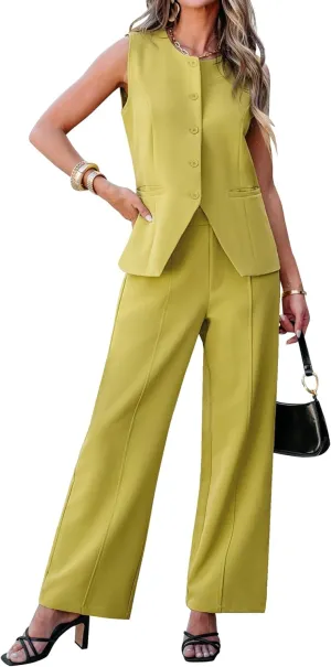 luvamia Vest Pants Suits for Women Dressy 2 Piece Business Casual Outfits Sleeveless Blazer Wide Leg Pants Pantsuit Sets