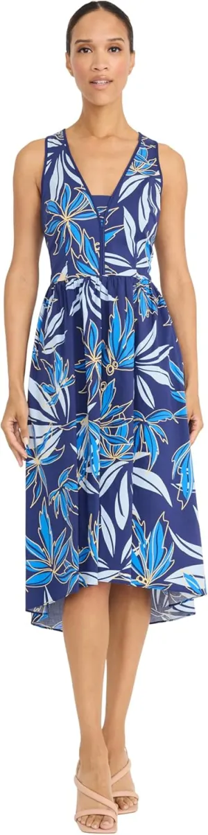Maggy London Women's Botanical Print High-Low Midi V-Neck Cross-Back-Special Occasion Wedding Guest Dress