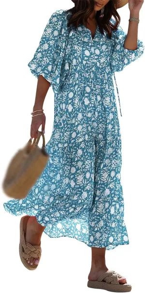 Maxi Dresses for Women Summer V Neck Puff Sleeve Floral Flowy Swing Long Dresses Casual Loose Fit Bohemian Beach Dress