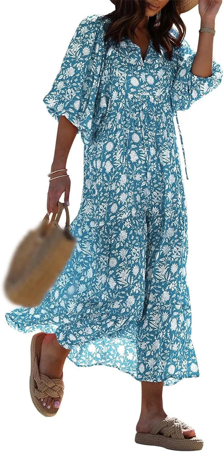 Maxi Dresses for Women Summer V Neck Puff Sleeve Floral Flowy Swing Long Dresses Casual Loose Fit Bohemian Beach Dress