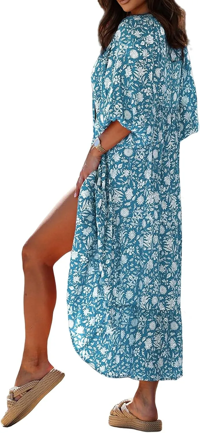 Maxi Dresses for Women Summer V Neck Puff Sleeve Floral Flowy Swing Long Dresses Casual Loose Fit Bohemian Beach Dress