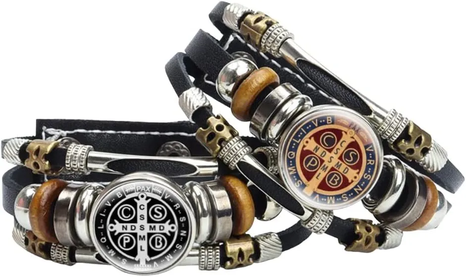 MC Luminous Saint Benedict Medal Leather Bracelet Catholic San Benito Glass Dome Snap Buttons Bangles Men Women Jewelry Accessories