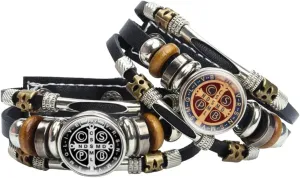 MC Luminous Saint Benedict Medal Leather Bracelet Catholic San Benito Glass Dome Snap Buttons Bangles Men Women Jewelry Accessories