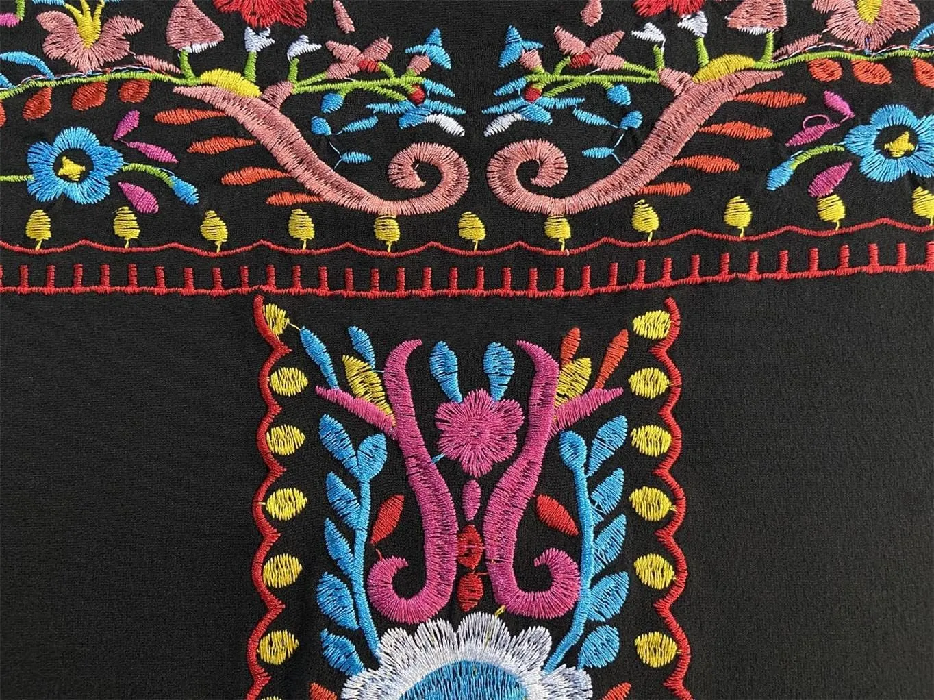 Melliflo Long Sleeve Mexican Shirts for Women Floral Embroidered Peasant Blouse Ethnic Style Boho T-Shirts