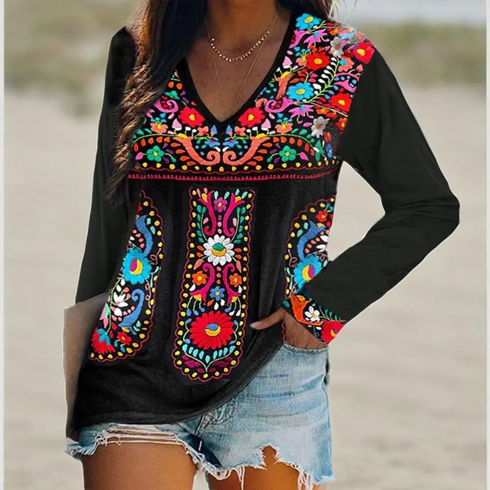 Melliflo Long Sleeve Mexican Shirts for Women Floral Embroidered Peasant Blouse Ethnic Style Boho T-Shirts