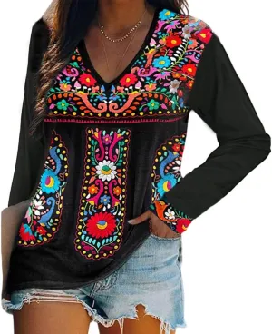 Melliflo Long Sleeve Mexican Shirts for Women Floral Embroidered Peasant Blouse Ethnic Style Boho T-Shirts